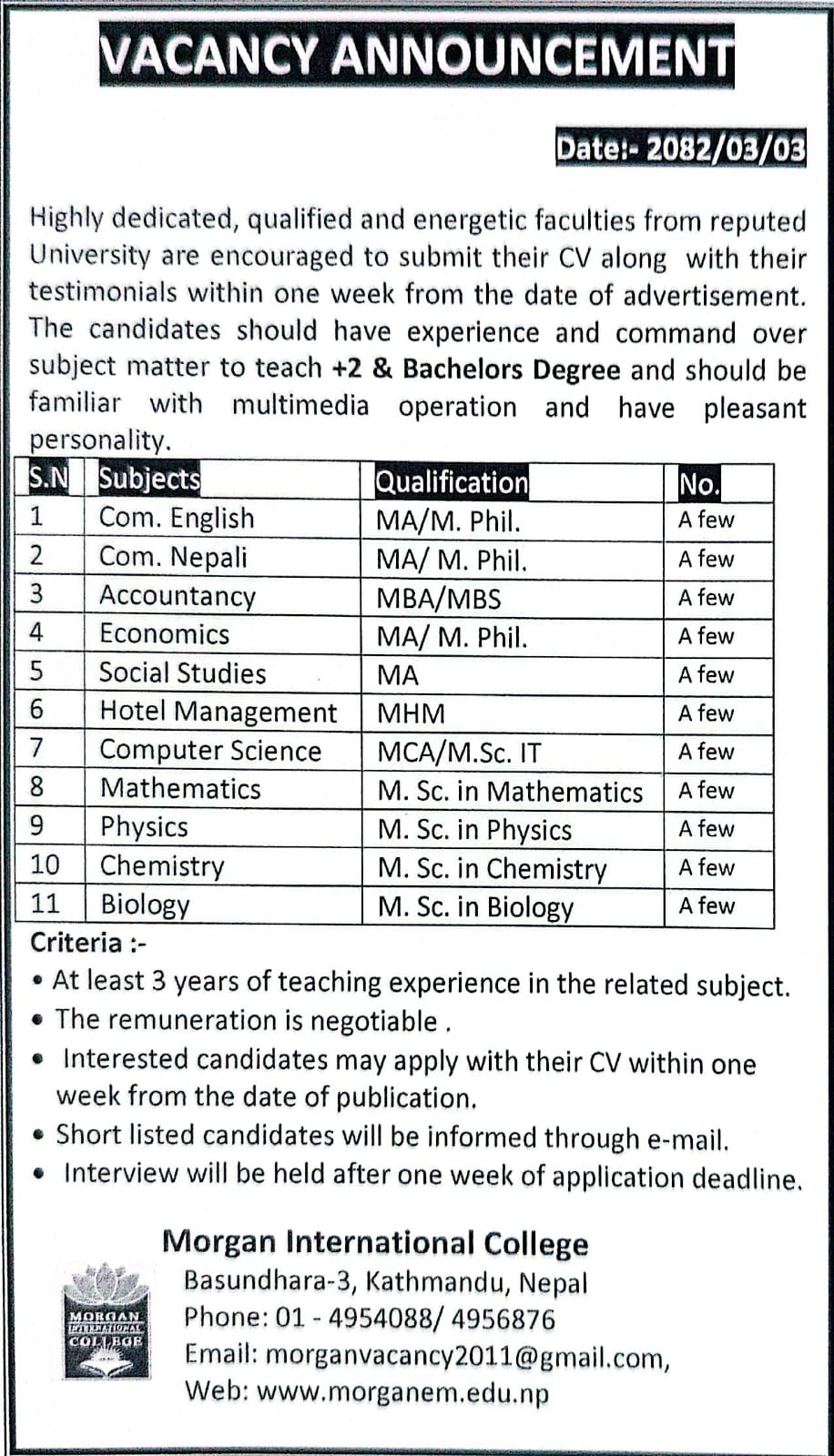 Vacancy Announcement